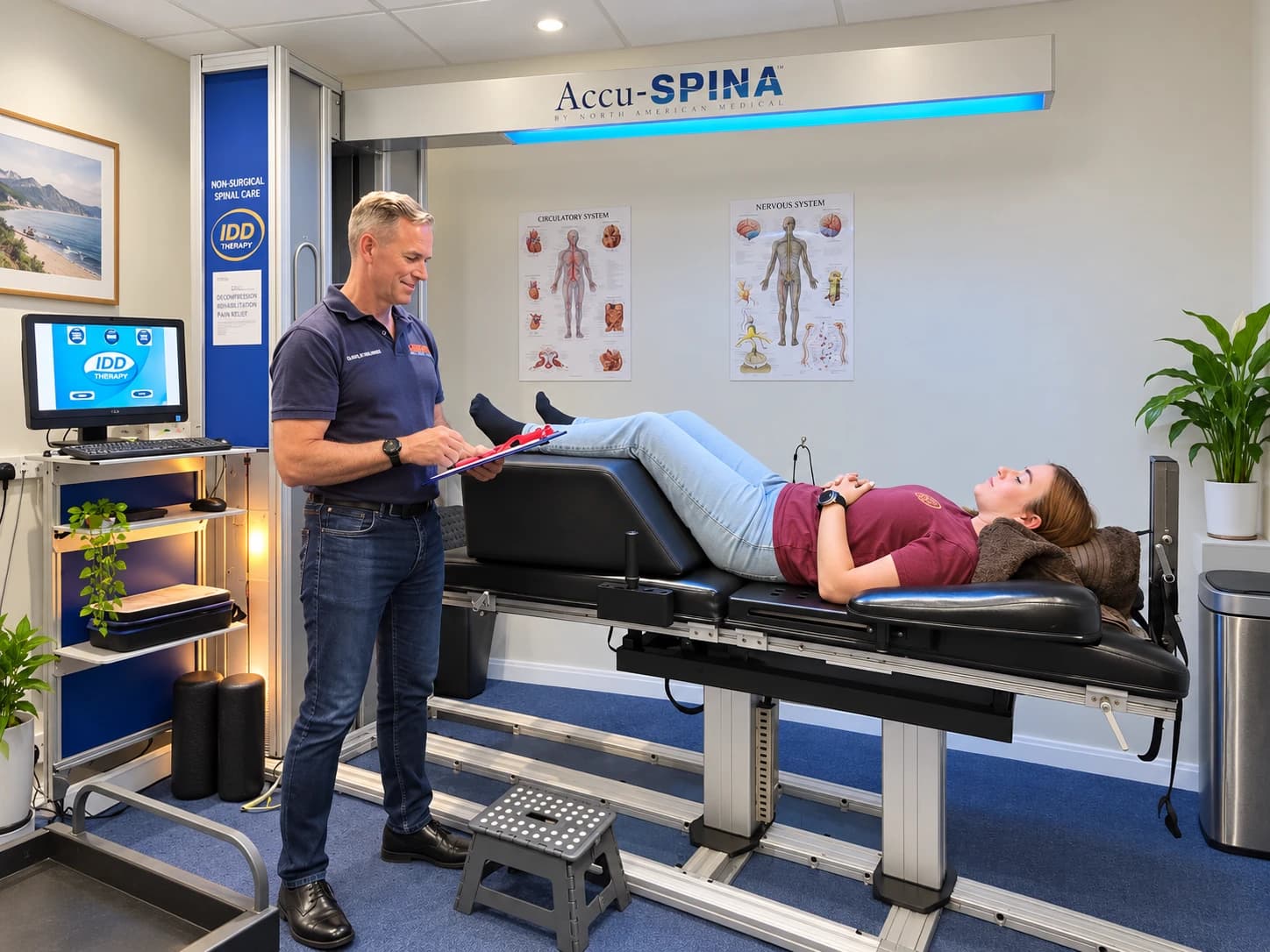 A clinician with a patient on the IDD Therapy machine at Stockwood Osteopathic Clinic
